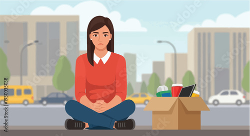 Young Woman Sitting on Sidewalk with Belongings in a Box, Representing Job Loss or Layoff