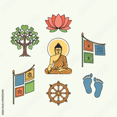 Colorful illustration with a seated figure, lotus, and other symbols