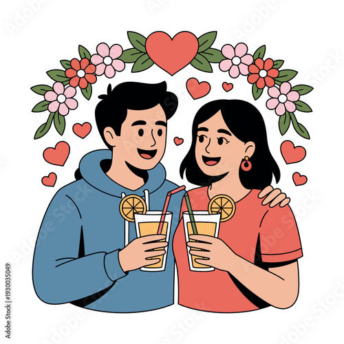 Joyful couple shares citrus beverages under a romantic floral heart arch.