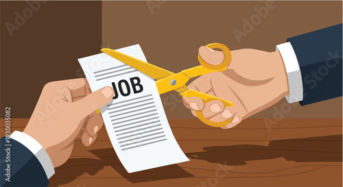 Symbolic illustration depicting hands cutting a document labeled 'JOB,' representing the unfortunate event of job loss, termination, or corporate layoffs and unemployment challenges