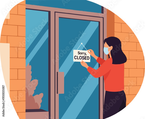Entrepreneurial woman wearing a protective face mask affixes a 'Sorry, Closed' sign to her business storefront, symbolizing temporary shutdown and economic impact on local commerce
