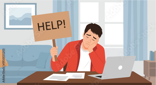 Stressed Man Holding a HELP Sign While Sitting at a Desk with a Laptop and Papers, Looking Exhausted and Overwhelmed