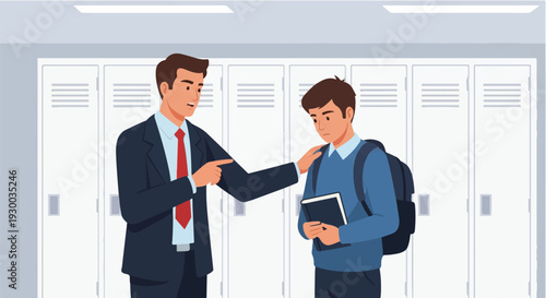 Caring adult offers guidance and support to a disheartened young student in a school hallway, fostering a positive learning environment