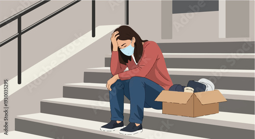 Illustration depicting a person in a face mask sitting on steps with a box of belongings, symbolizing job loss and difficult times
