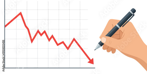 Visual representation of a hand meticulously documenting a sharp downward trend on a red line chart, depicting financial crisis, market slump, or negative business performance