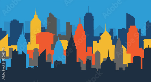Colorful, geometric illustration of a city skyline at dusk