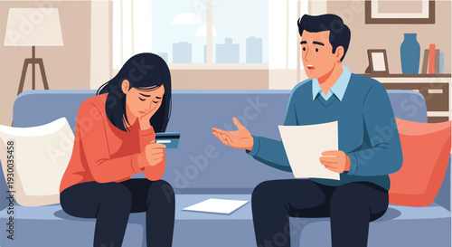 Couple distressed over finances, discussing credit card debt and bills, illustrating financial hardship and relationship stress