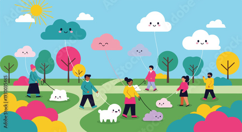 Colorful illustrated park scene of people walking dogs with cloud balloons