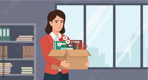 Businesswoman with a somber expression carries a box of personal items, symbolizing job termination, redundancy, or a significant career change in the workplace