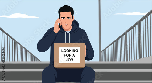 Distressed young man on urban steps, making a phone call while holding a 'Looking for a Job' sign, illustrating the challenges of unemployment and job searching