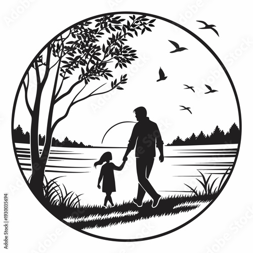 Father holding hands with young daughter walking along tranquil lake shore at sunset with silhouette of trees and birds in circular frame design
