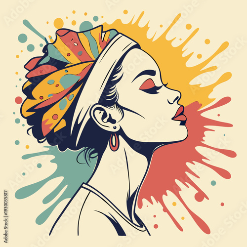 Stylish woman profile portrait with vibrant colorful paint splatters and bold makeup, expressive and artistic illustration