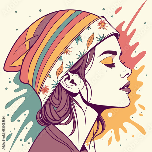 Trendy woman profile with beanie, expressive eyes and lips, modern artistic style with colorful paint splash background