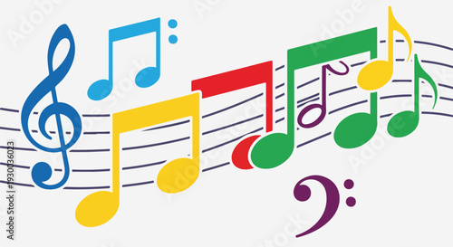 Colorful musical notes and symbols on a staff, vibrant and simple