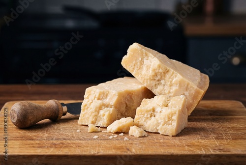 Aged parmesan cheese blocks with crystallization and a rustic knife on a wooden cutting board