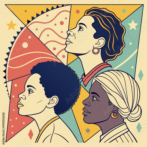 Three diverse women profiles in abstract geometric background for international womens day celebrating multicultural unity and female empowerment art