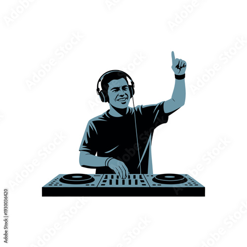 Disc jockey mixing music on professional sound equipment while raising one finger up.