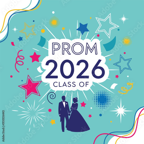 Colorful prom announcement, features stars, streamers, and a dancing couple