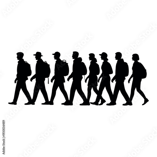 Group of hikers with backpacks walking together in a single file line silhouette.