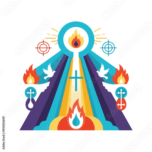 Colorful illustrated religious design with doves, flames, and crosses (1)