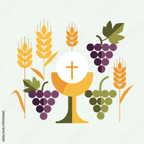 Flat illustration of communion chalice, grapes, wheat, and host with cross