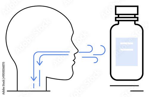 Respiratory health, medication, breathing techniques, airways, inhaler use, lung health. Diagram of airflow through a human head next to a medical inhaler. Respiratory health and medication concept