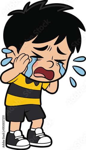 Crying child cartoon vector illustration, emotional awareness children’s design with tears, distressed expression, and educational motifs