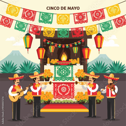 Festive Cinco de Mayo image with a band, altar, and colorful decorations