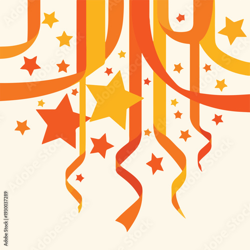 Festive, cream-background image featuring hanging ribbons and stars