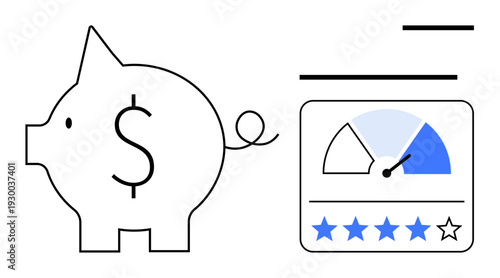 Financial concept. Financial tools thumbs up a piggy bank and a credit score gauge highlight savings and credit evaluation. Financial planning for business, personal growth, budgeting, banking