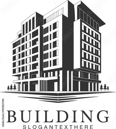 Modern building logo vector illustration, professional real estate design with multi‑story architecture, trees, and corporate branding motifs