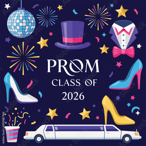 Festive, dark blue graphic features dance attire, fireworks, and text "PROM.
