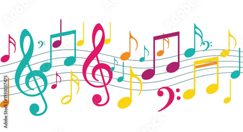 Colorful musical notes and symbols on flowing musical staff lines (1)