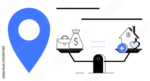 Geolocation concept. Geolocation with a pin highlighting financial and lifestyle balance. Geolocation influencing property decisions and financial priorities. For real estate, finance apps, or
