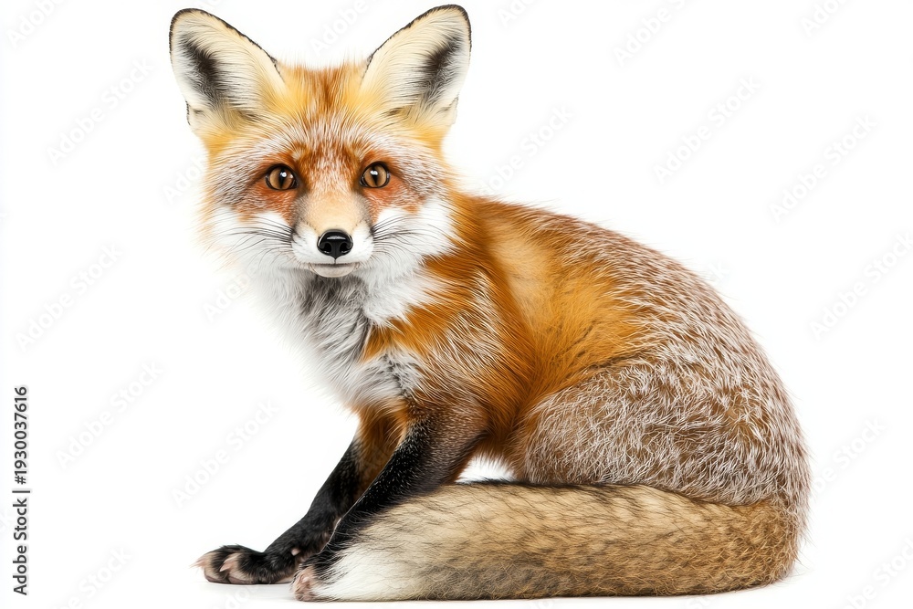 Obraz premium red fox portrait sitting calmly with focused gaze wildlife animal mammal close-up isolated on white background natural setting wild animal beauty.