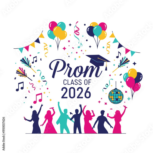 Colorful illustration with people, balloons, music notes, disco ball, and text