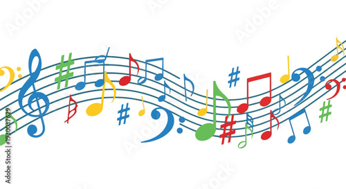Colorful musical notes and symbols on flowing musical staff lines