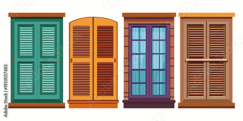 Set of various wooden windows with shutters collection retro windows vector illustration on white background
