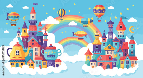 Colorful whimsical illustration featuring fantasy castles, airships, and rainbows