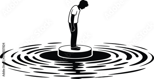 Solitude and introspection vector illustration with person standing on ripple platform in contemplative pose—ideal for lifestyle artwork editorial branding emotional design and creative projects