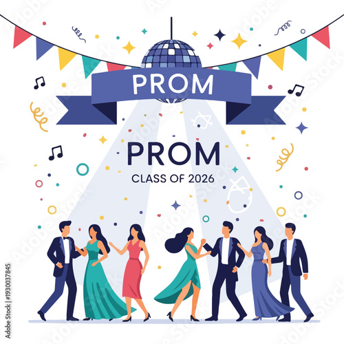 Colorful illustration with people dancing at prom under banner and disco ball