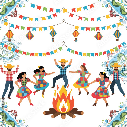 Festive folk dancing around a bonfire with flags and decorations