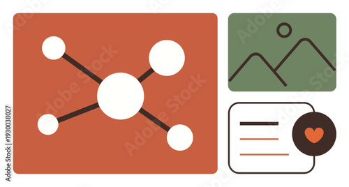 Social media, networking, data sharing, connectivity, content creation, visual storytelling. Network nodes, image icon text card with heart symbol. Social media and networking concept