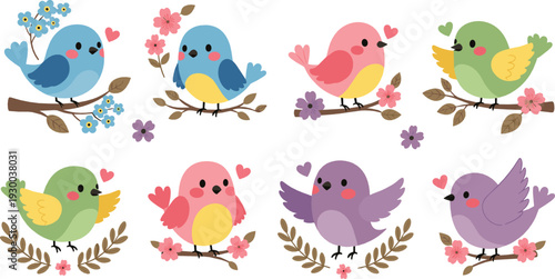 Cute colorful birds with flowers vector set in kawaii cartoon style, romantic spring illustration with hearts and branches