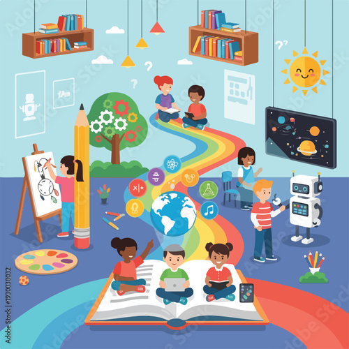 Colorful illustrated scene of children learning and exploring different subjects