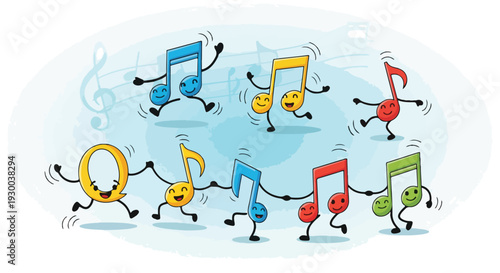 Colorful, smiling musical notes dancing and holding hands in a circle