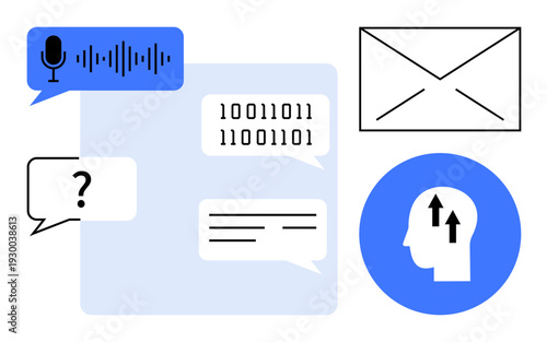 Communication technologies. Icons of speech recognition, binary data, messaging, and email highlight communication technologies. Communication supports AI, email systems, networking, and digital