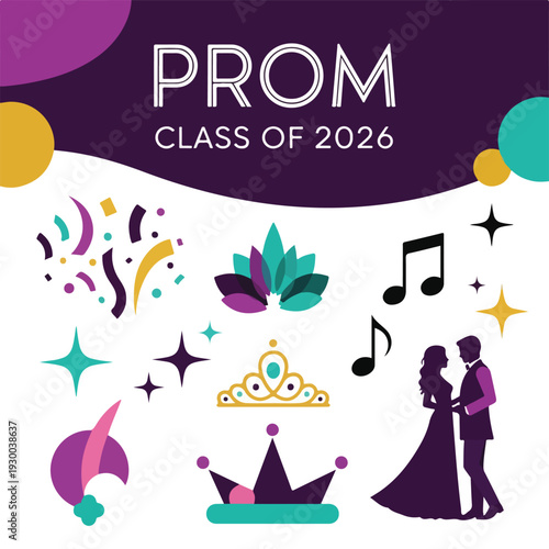Colorful illustration with "Prom", music notes, crowns, confetti, and silhouettes