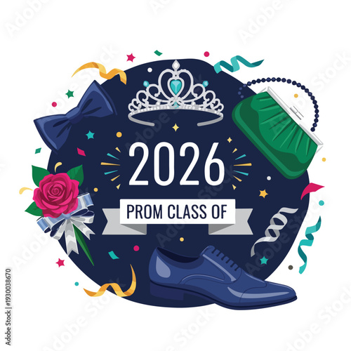 Colorful illustration with prom class year, accessories, and decorative elements