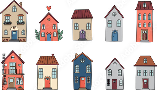 Cute colorful town houses vector set with charming buildings, cozy homes and whimsical city architecture illustration